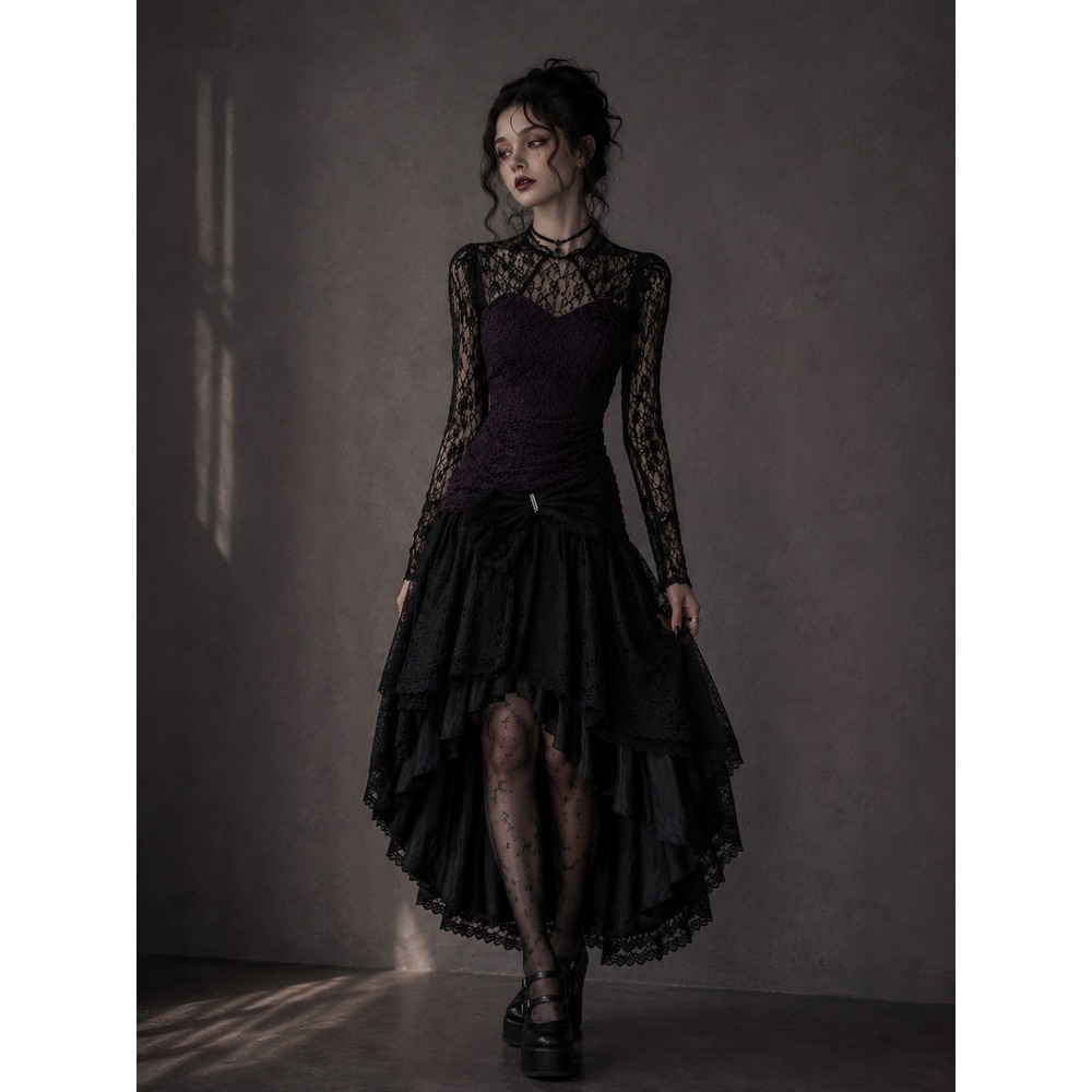 Steppin Out Womens Vintage Ruched Lace Bow High Low Dress Size 9 Whimsigoth